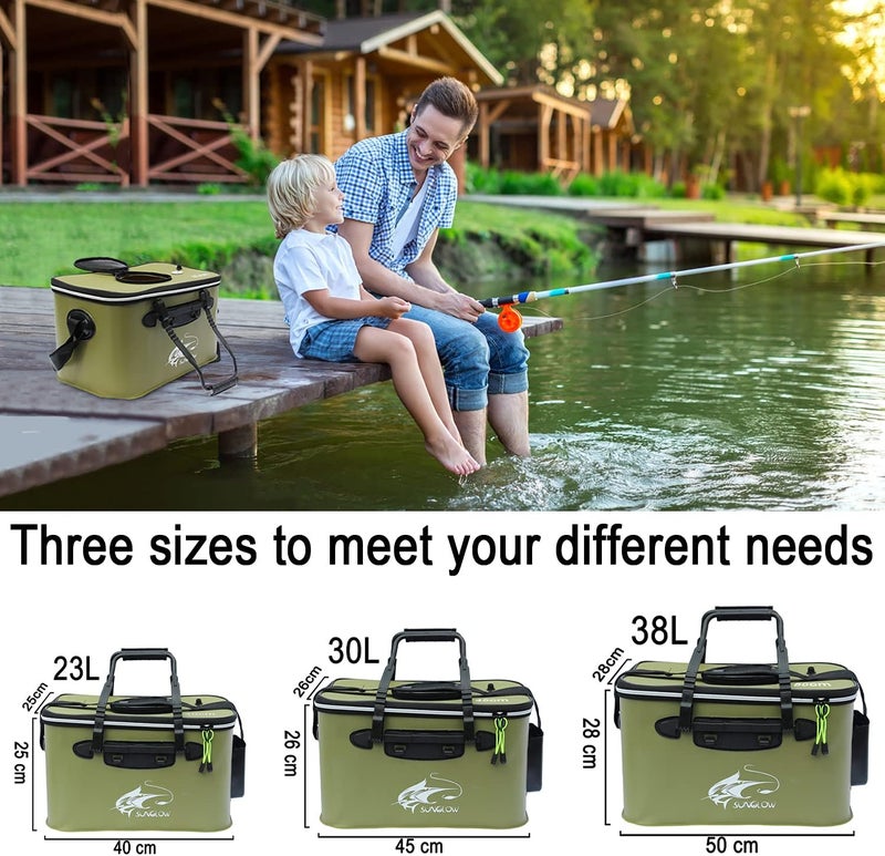 Sunglow Fishing Bucket,Foldable Fish Bucket, Multi-Functional EVA Fishing Bag for Outdoor, Live Fish Lures Bucket and Fish Protection Bucket,10GAL/8GAL/6GAL/4.8GAL/3GAL Live Fish Container (6GAL/ArmyGreen) - Image 2